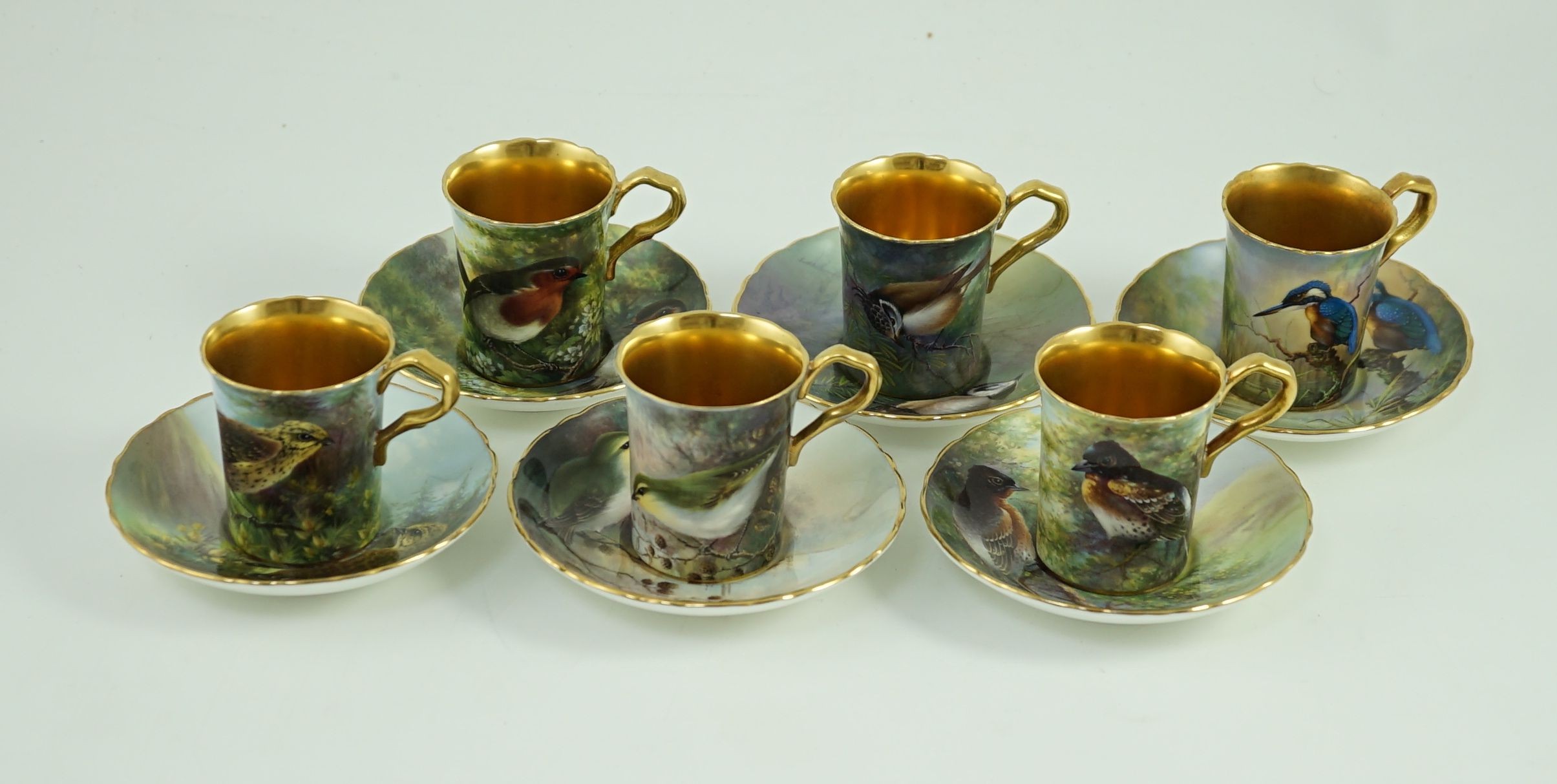 A set of six Paragon bird painted cabinet cups and saucers, 1950s, Saucers 11 cm diameter